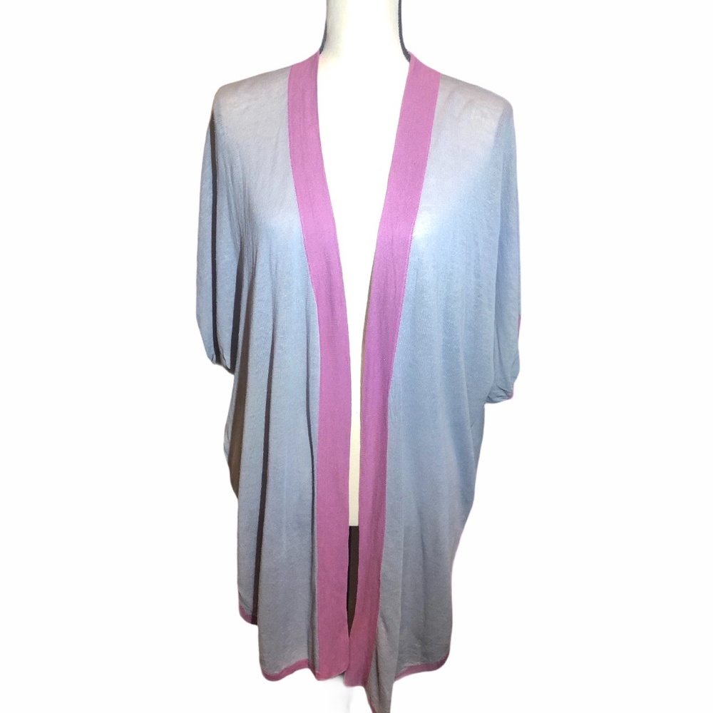 NORDSTROM SLATE GRAY W MAUVE TRIM SHORT SLEEVE OPEN CARDIGAN NWT